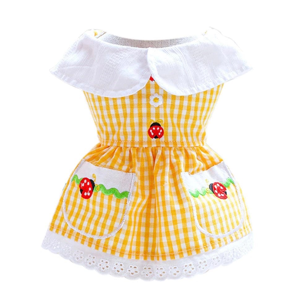 KUTKUT High Collar with 2 Pockets Décor Party Dress for Small Dogs| Plaid Pattern Ladybug Print Sleeveless Lapel Skirt for Shish Tzu, Pug, Poodle (yellow)-Clothing-kutkutstyle